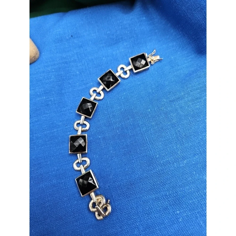 Sterling Black Amethyst Onyx Bracelet Prism Cut 14mm Statement Oval Link 6.5